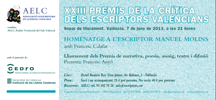 Premis i Homenatge a Manuel Molins Escriptors Valencians
